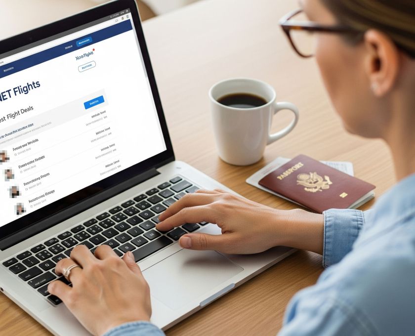 Person searching for cheap flights on a laptop with a coffee and passport on the table