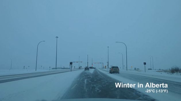 A frozen highway north of Calgary in Alberta, Canada