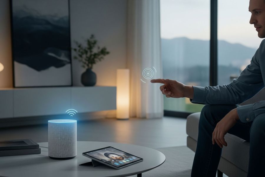 A contemporary living room scene with subtle glowing interfaces emanating from a smart speaker and a tablet, suggesting an intelligent, responsive home environment. A person is casually interacting with the air, symbolizing voice commands, with soft, ambient light filling the room.