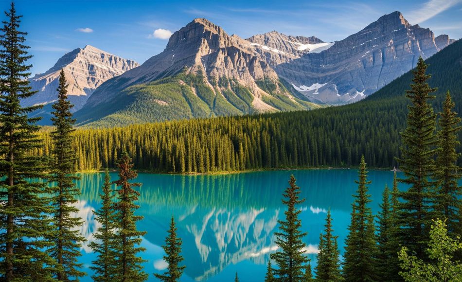 Turquoise Vista Lake surrounded by alpine forest and mountain peaks in Banff National Park