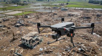 Drone flying over disaster zone aiding with search and rescue.