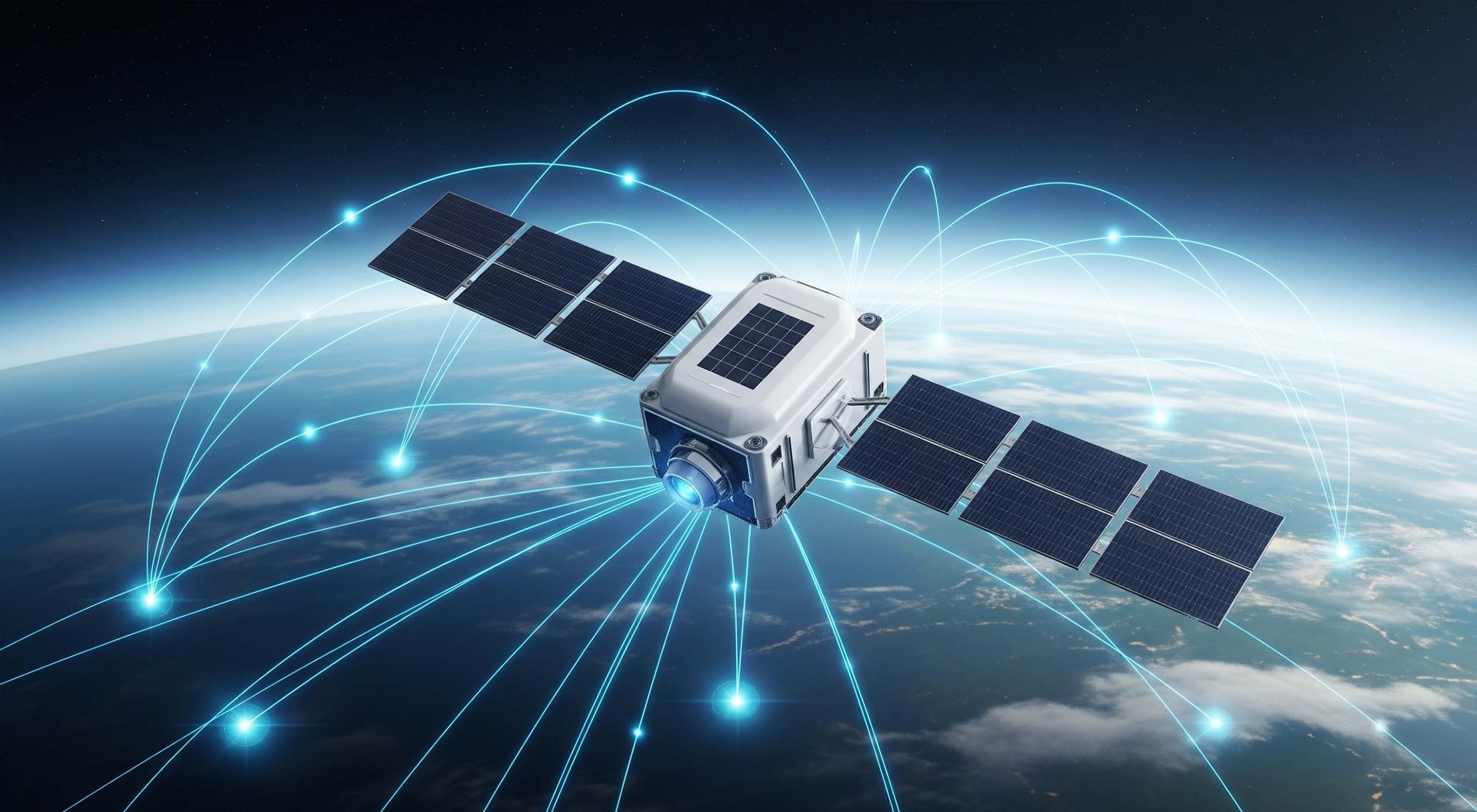 Sleek satellite orbiting Earth with glowing data connections